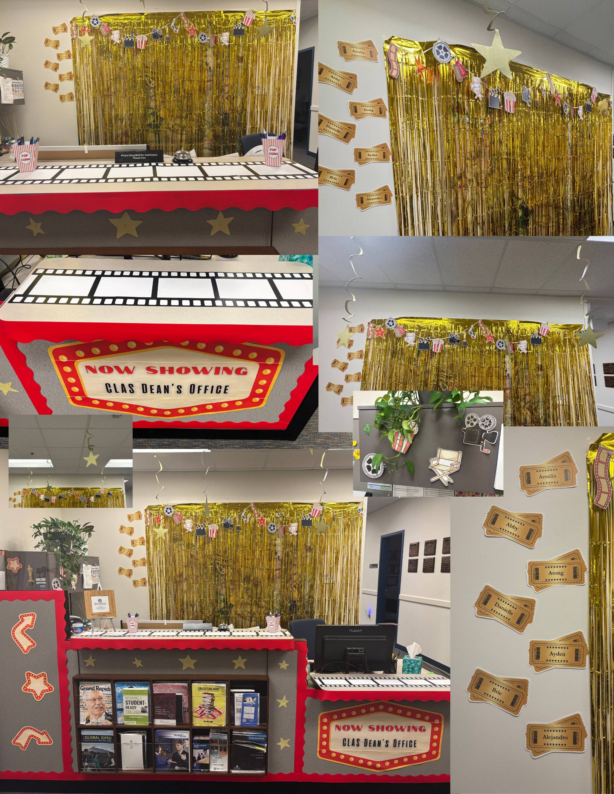 gold streamers and ticket stubs. Sign that says "Now showing CLAS Dean's Office." Film reels are lining the desk top and there are yellow star decorations hanging from the ceiling